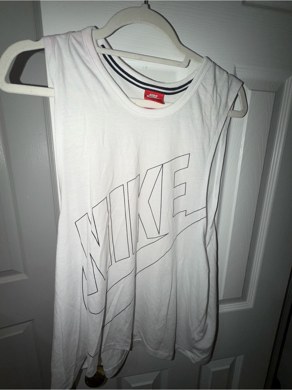 Nike White Women’s Graphic Tank Top with Outline Logo and long arm cut outs